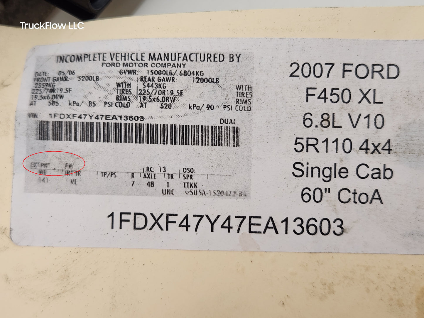 2007 Ford F450 XL 6.8L V10 5R110 4x4 REGULAR CAB, CAB AND CHASSIS, (60" Cab to Axle)