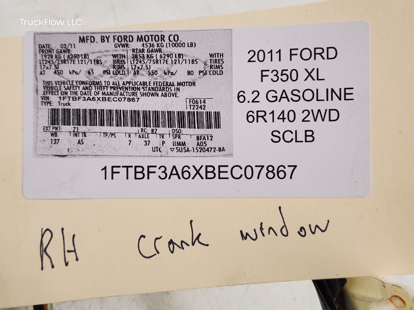 2011 FORD F350 PASSENGER FRONT RH DOOR HARNESS MANUAL WINDOW OEM BC3T-14630-DE