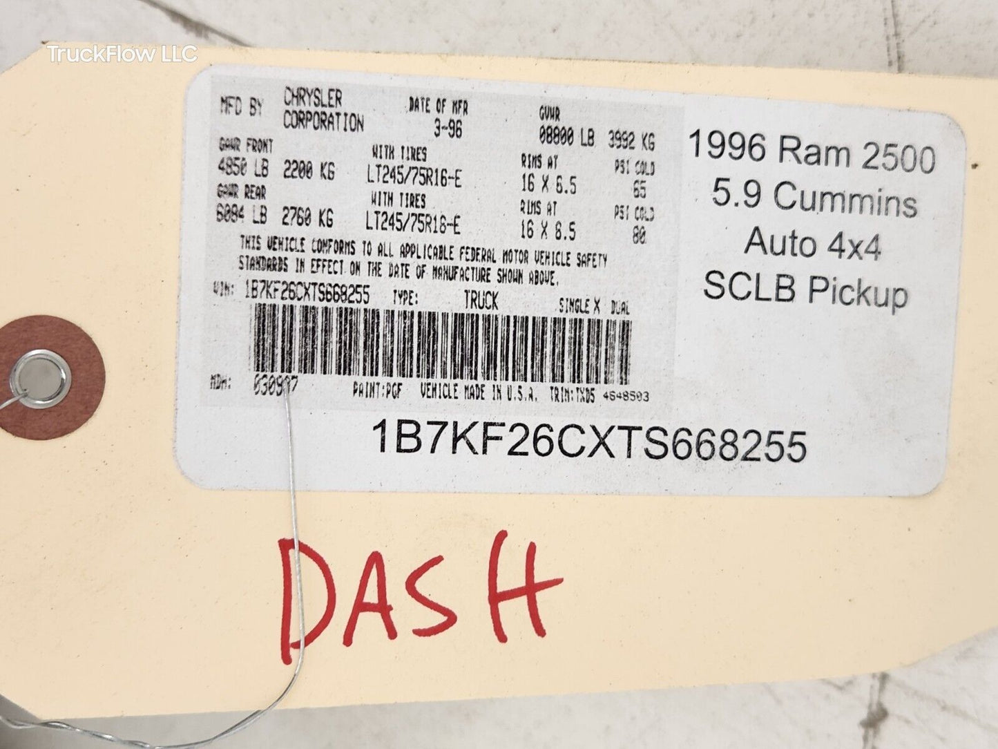 1996 DODGE RAM 2500 Cummins Dash Wiring Harness Power Window/Mirror PN#56021352